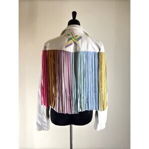 NWOT BlueB Cropped Vegan Leather Rainbow Suede Fringe Moto Jacket Sz M